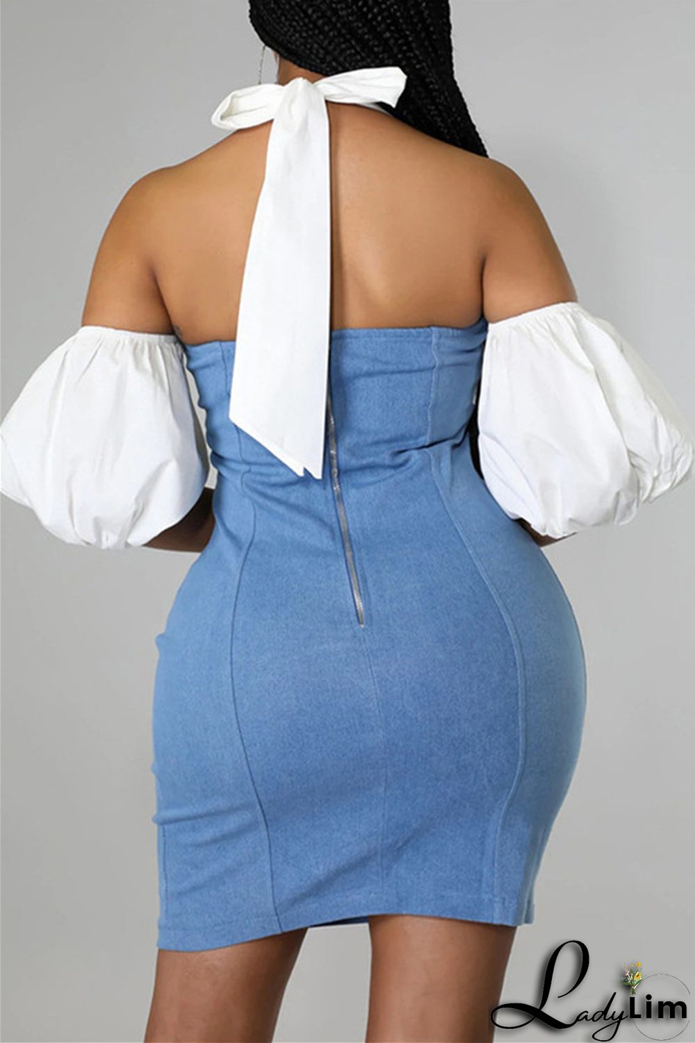 Blue Fashion Sexy Casual Solid Bandage Split Joint Backless Short Sleeve Dress