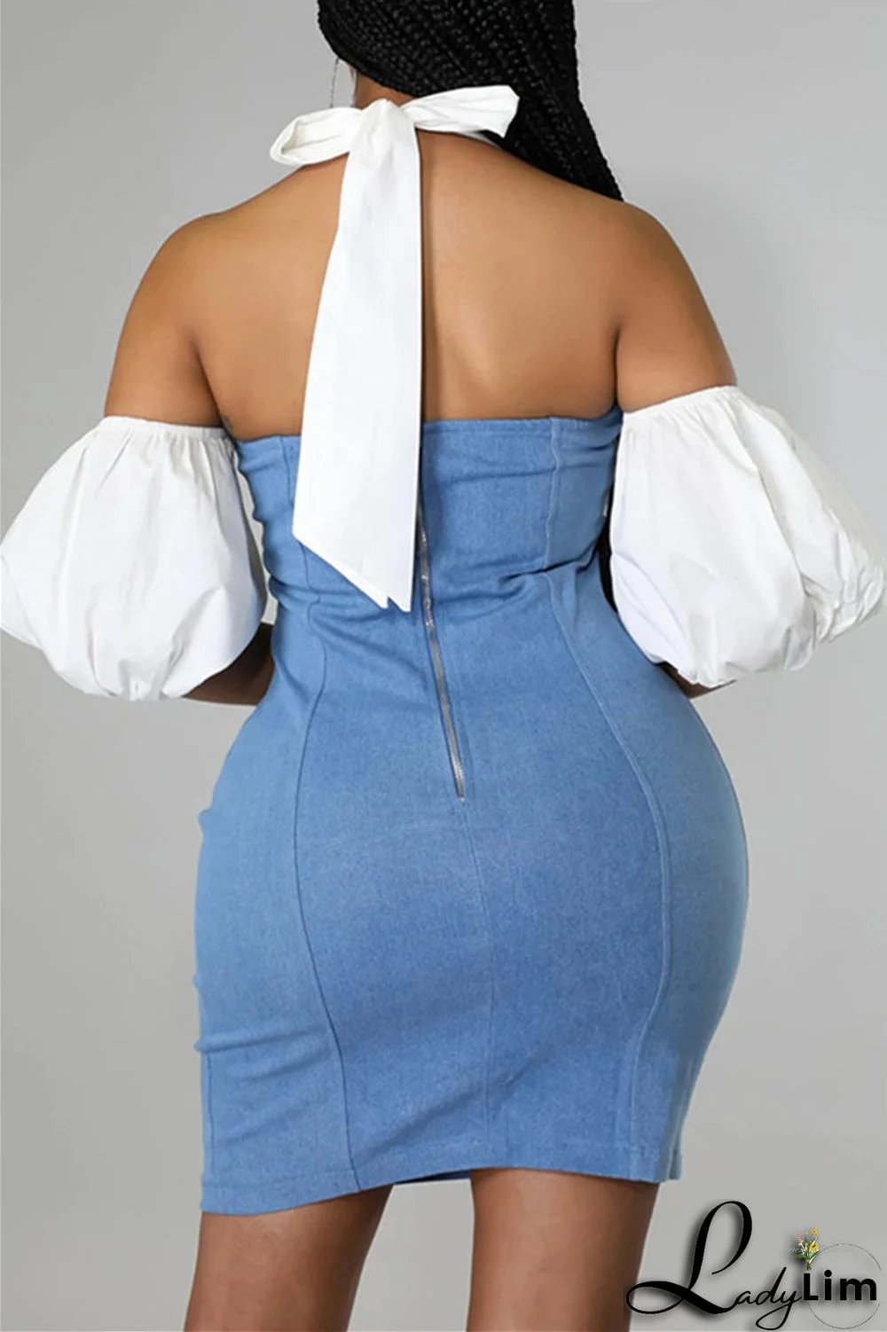 Blue Fashion Sexy Casual Solid Bandage Split Joint Backless Short Sleeve Dress