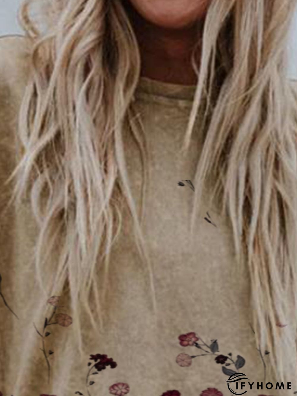 Women Simple Khaki Crew Neck Printed Plus Size T-shirt | IFYHOME