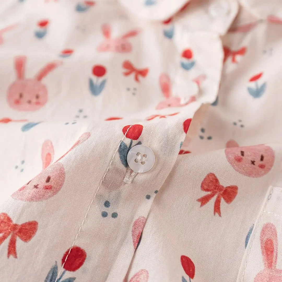 Tlbang Pink Flower Rabbit Full Print Cartoon Shirts Preppy Kawaii Button Up Blouse Loose Short Sleeve Summer Womens Tops Korean