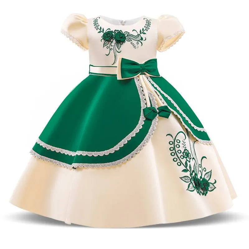 2021 Formal Kids Vintage Embroidery Dress For Girl Children Costume Prom Party Princess Dresses Girls Vestido Short Sleeve Gown 1113-1