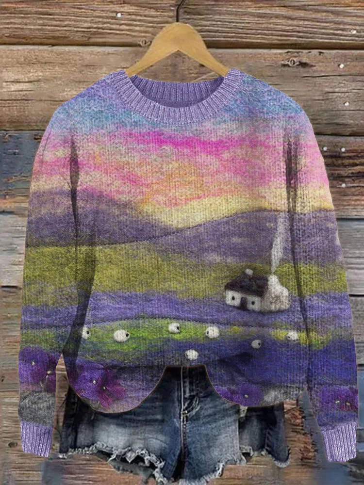 Sheep Cottage Landscape Felt Art Cozy Sweater