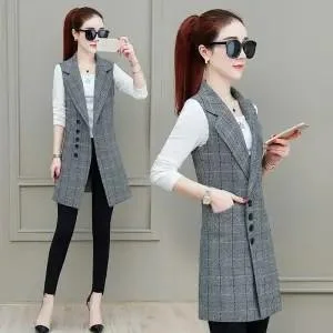 Fashion Long Plaid Vest Women's Sleeveless Blazer Spring Autumn Plus Size Women Elegant office work Suit Vest Female Waistcoat