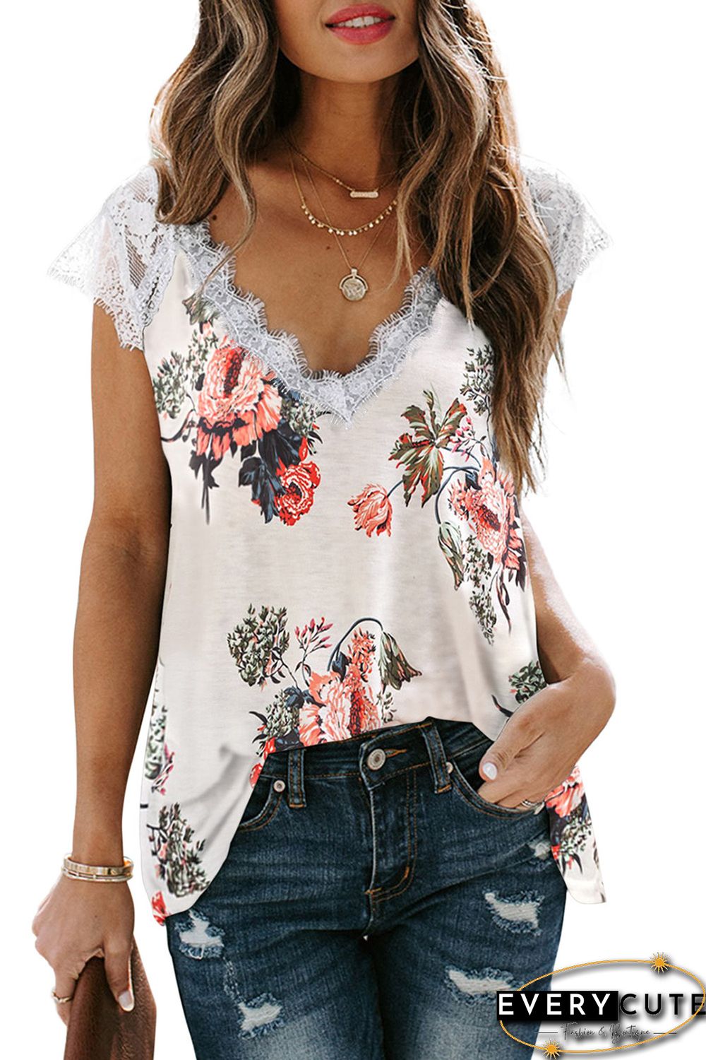 White Eyelash V Neck Floral Tank