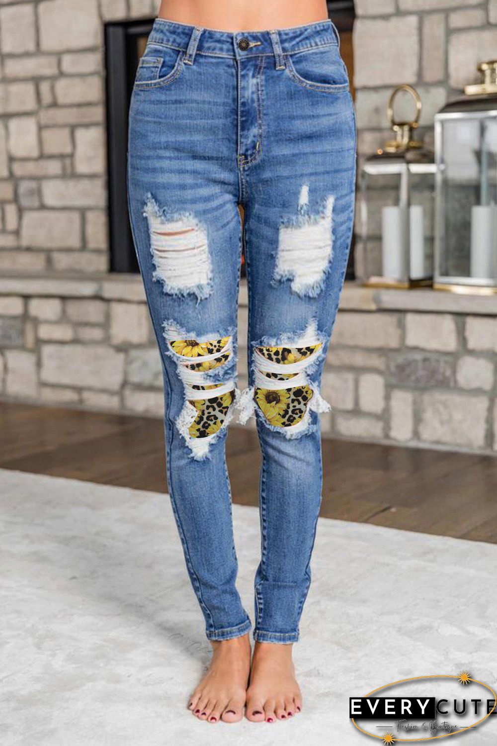 Sunflower Leopard Patches Insert Ripped Jeans