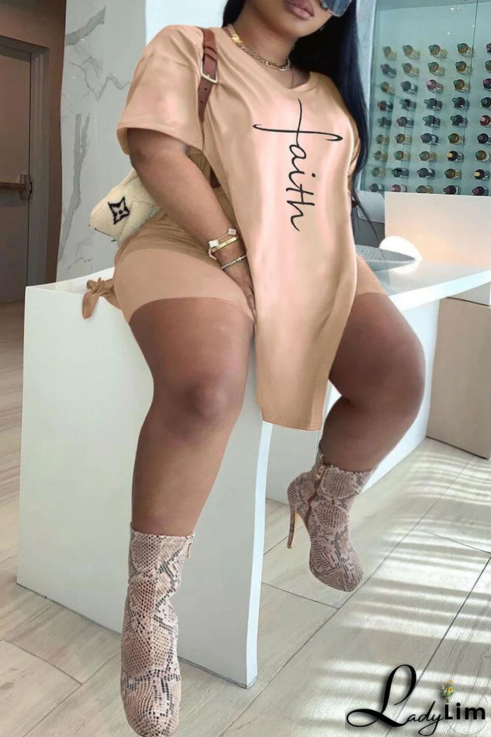 White Fashion Casual Print Slit V Neck Plus Size Two Pieces