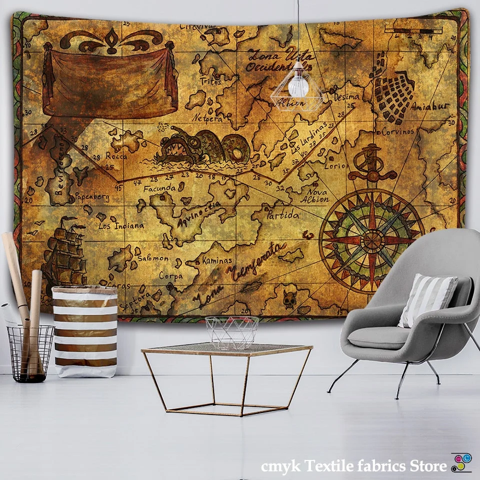 Nautical Chart Tapestry Pirate Treasure Map Hanging Decor Watercolor Map Letter Polyester Table Cover Yoga Beach towel