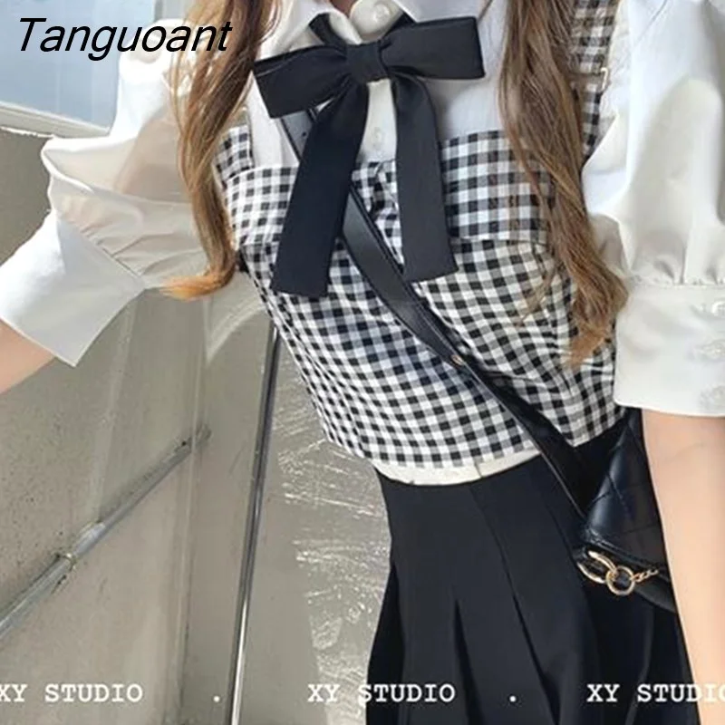 Tanguoant Sets Women Preppy Shirts Half Length Puff Sleeve Asymmetric Side Slit Pleated Mini Skirts Plaid Camis Kawaii Streetwear