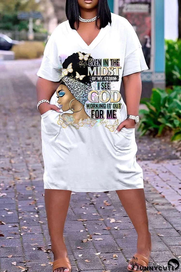 White Fashion Casual Print Patchwork V Neck Short Sleeve Dress