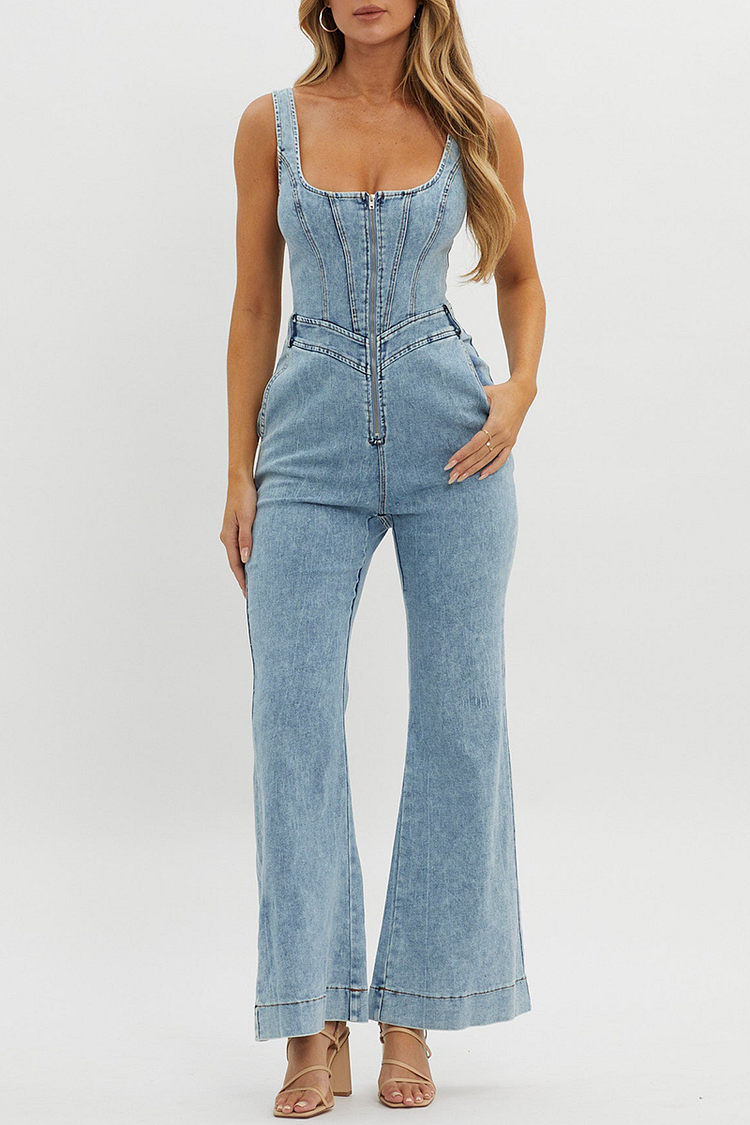 Square Neck Corset Front Zip Flared Leg Denim Strappy Jumpsuit-Blue [Pre Order]