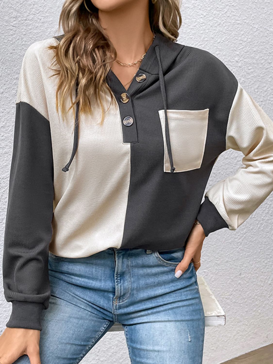 LLYGE 2024 Autumn New Fall Outfits Contrast Color Button-Up Raglan Sleeve Hoodie llyge