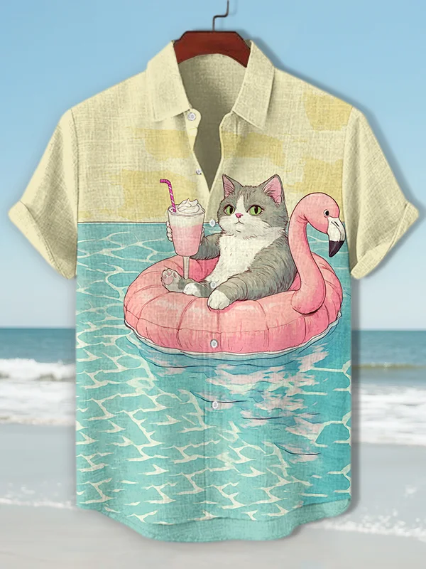 Men's Cat Swimming Pool Float For Summer Relaxation Art Print Casual Shirt