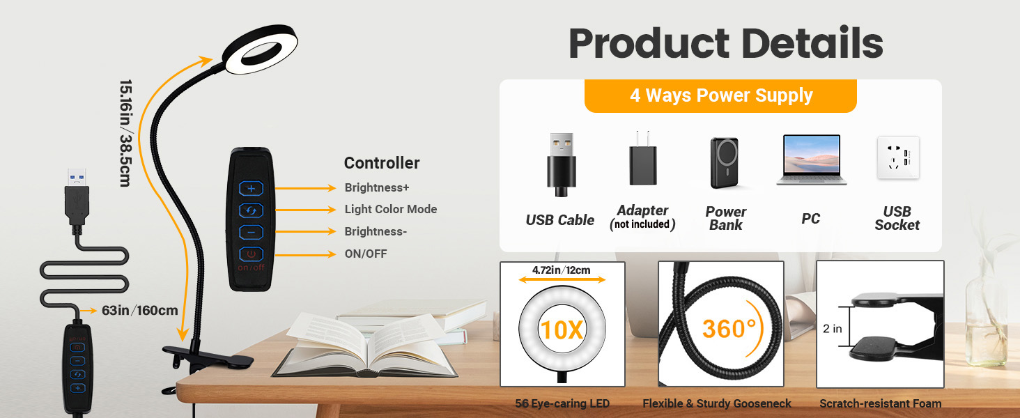 Likron Watches Likron USB Powered LED Magnifying Lamp with Clamp