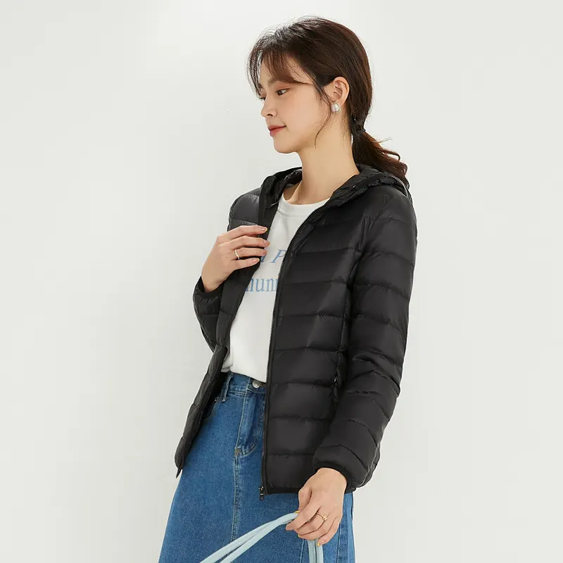 Uveng 2024 New Down Jacket Female Light Short Hooded Korean Version Large Size Slim Warm White Duck Down Pure Color Coat Tide