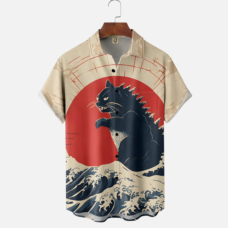 Japanese Ukiyo-E Cat Art Pattern Short-Sleeved Shirt