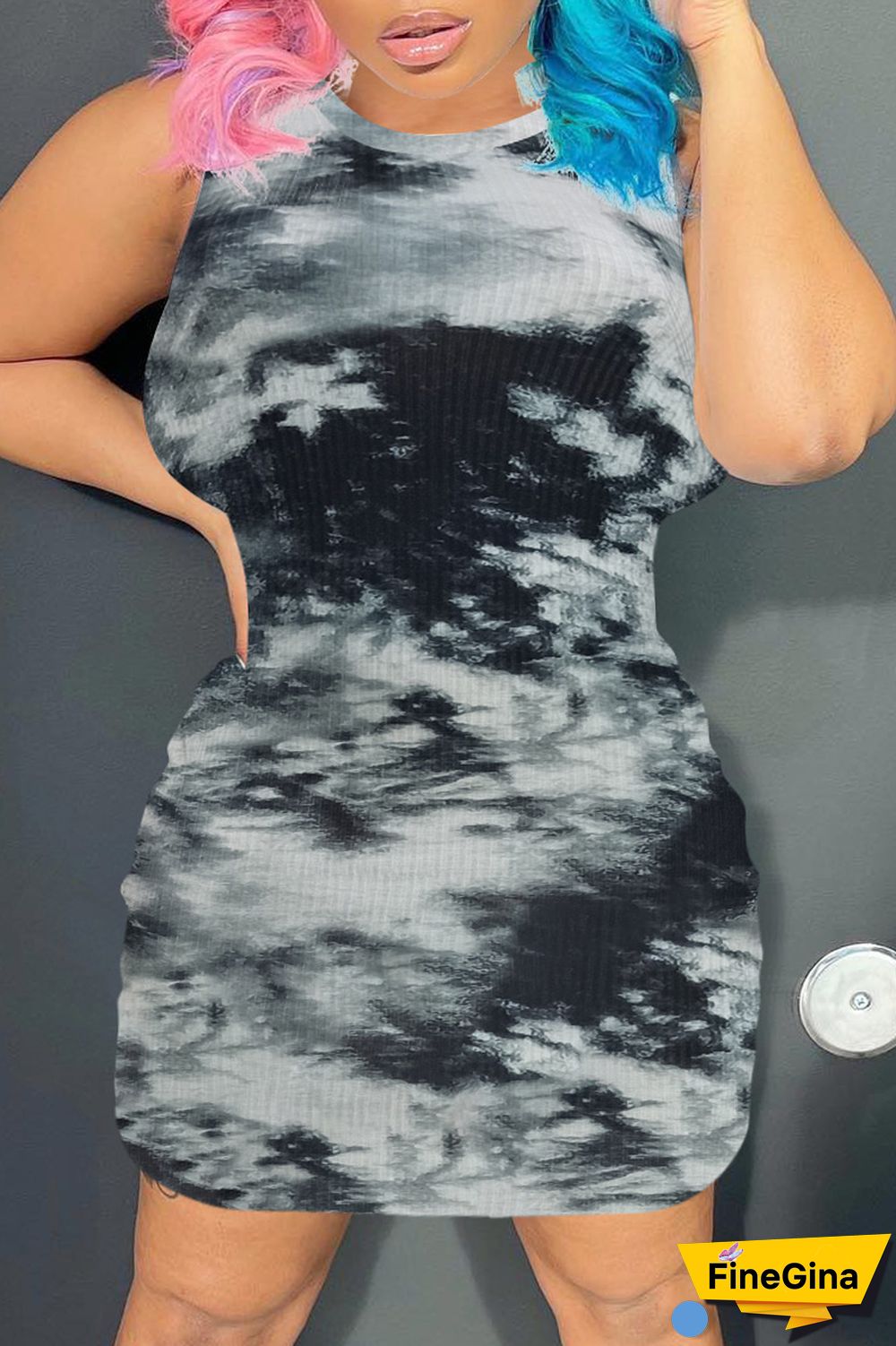 Black Casual Print Tie Dye Basic O Neck Sleeveless Dress Dresses