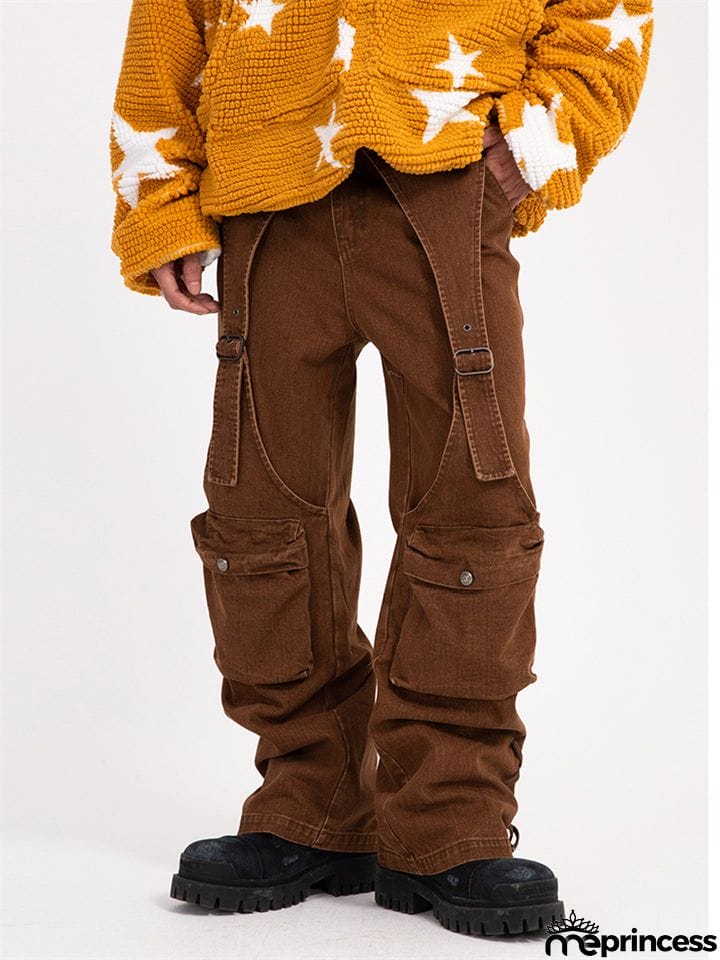 Men's Fashion Hip-Hop Loose Metal Buckle Multi-Pockets Jeans