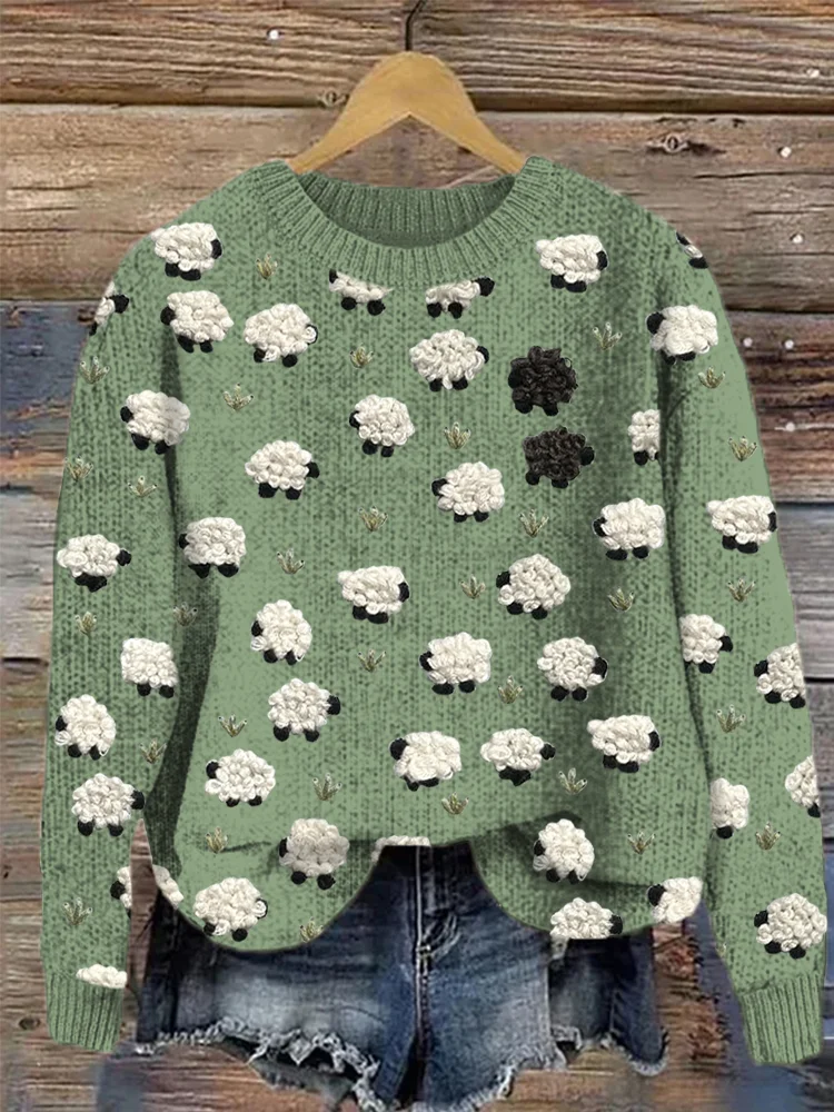 VChics Cute Sheep Embroidery Art Cozy Knit Sweater