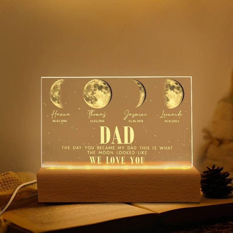Loveyoufancy Custom The Day You Became My Dad Moons Phase Light Plaque With Kids Names