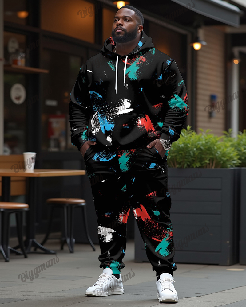 Men's Plus Size Tracksuit Color Brush Print Hoodie and Sweatpants Set