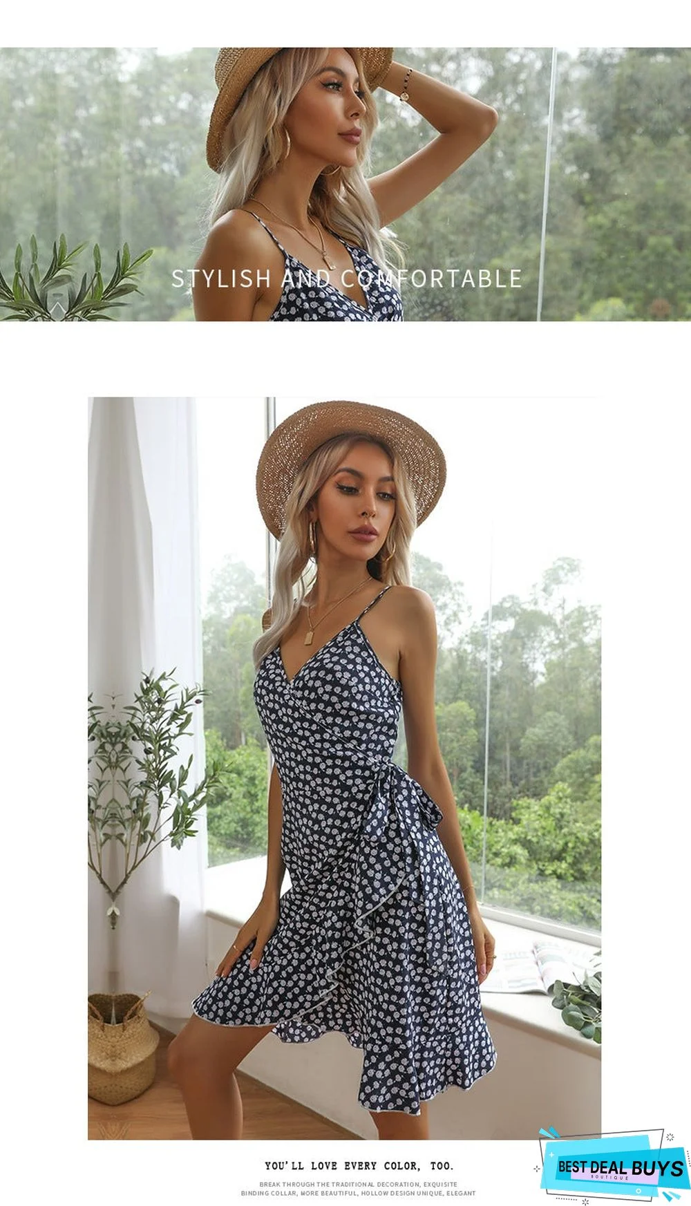 Summer Printing Irregular Ruffled Suspenders Dress Women