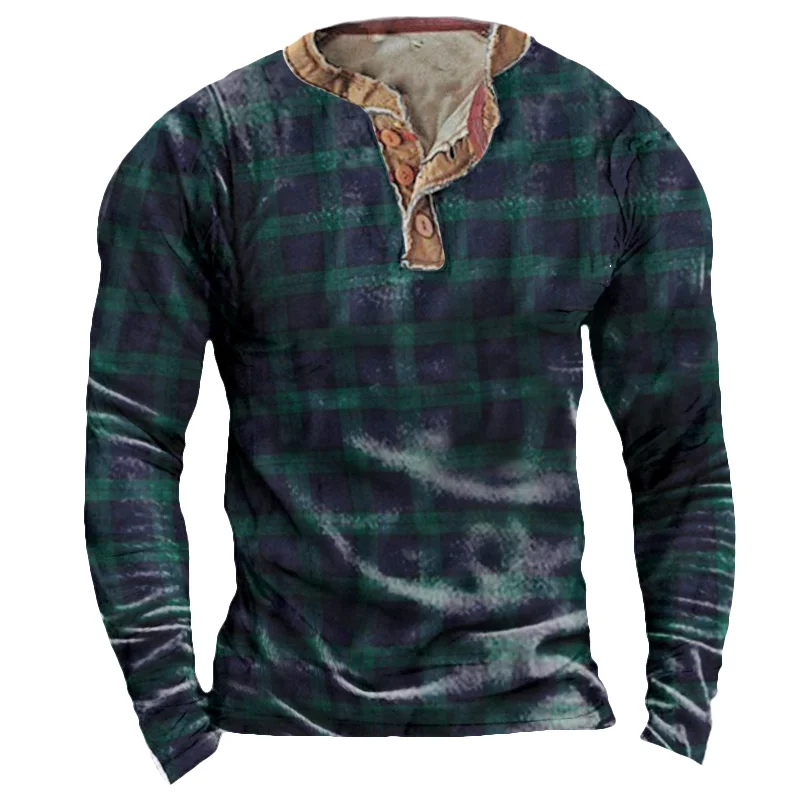 Men's Outdoor Retro Plaid Printing Tactical Henley Long Sleeve Shirt