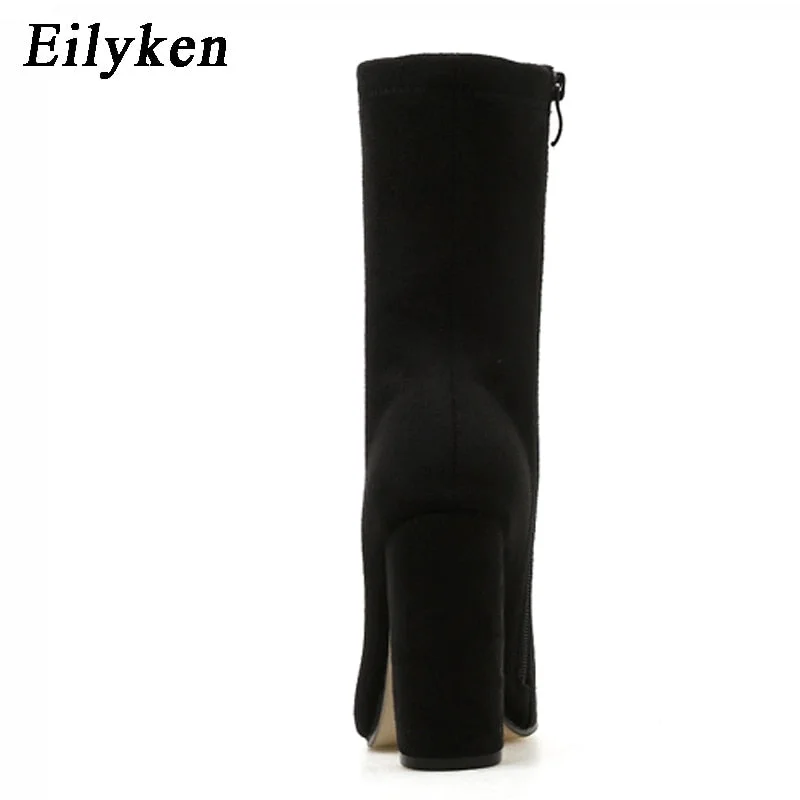 Eilyken 2022 New Flock Ankle Boots Women For Autumn Winter Fashion Pointed Toe heel Zipper Woman Chelsea Boots Plus size 35-42