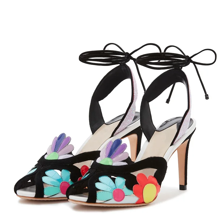Multicolor Flowers Glitter Slingback Heels Stilettos Strappy Sandals |FSJ Shoes