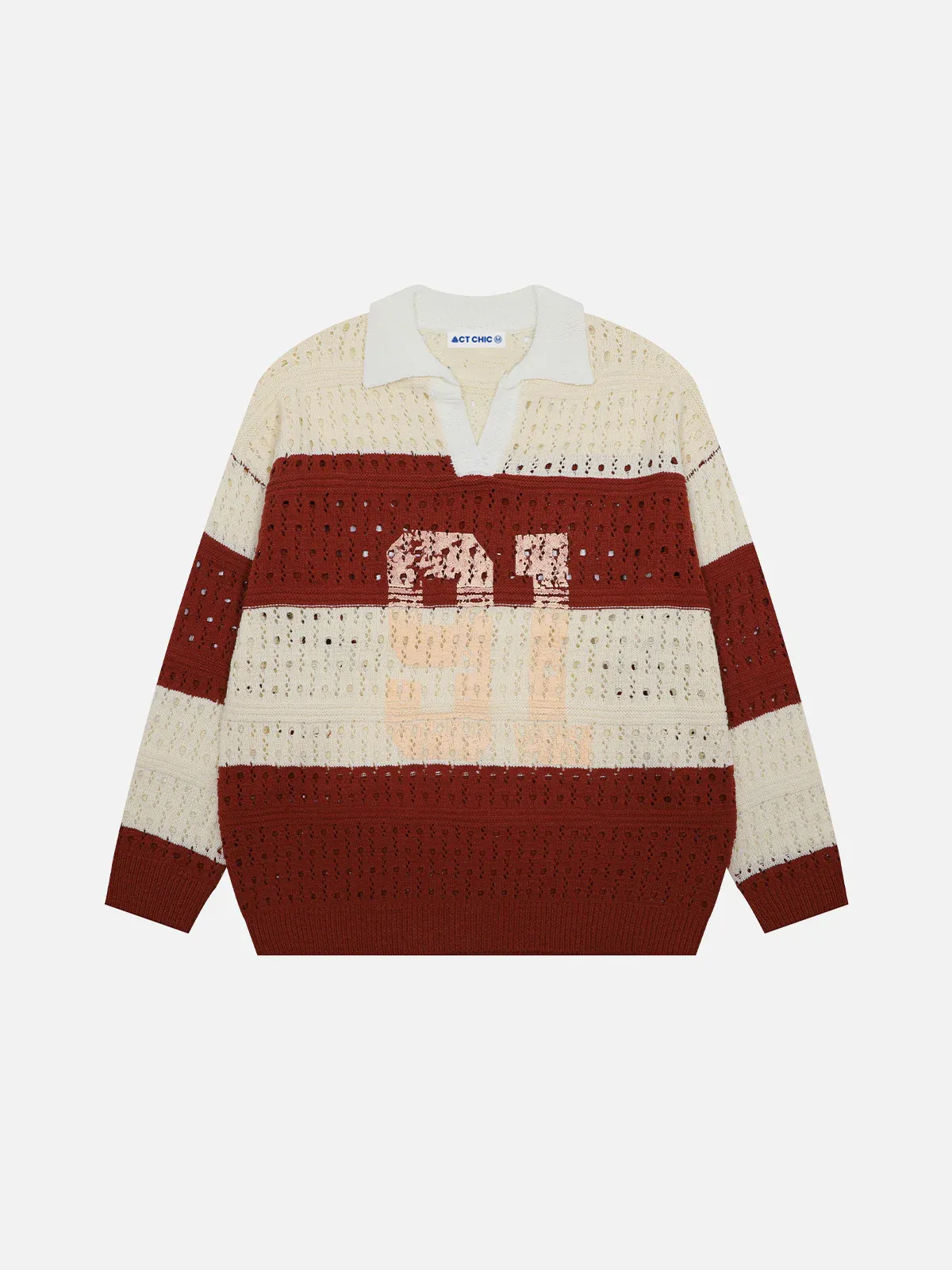 Red Hollow Number Print Stripe Knit Sweater Front