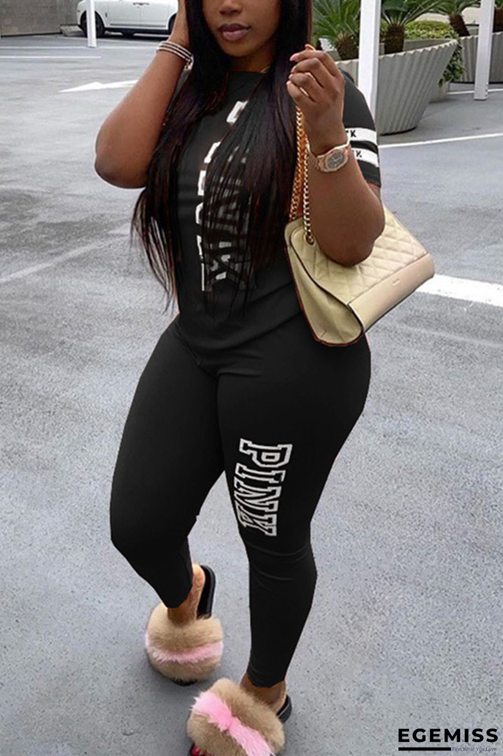 Black Fashion Casual Letter Printed Two-piece Set | EGEMISS