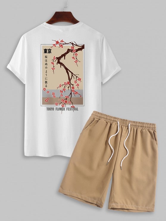 Plum Blossom Crew Neck T Shirt And Shorts