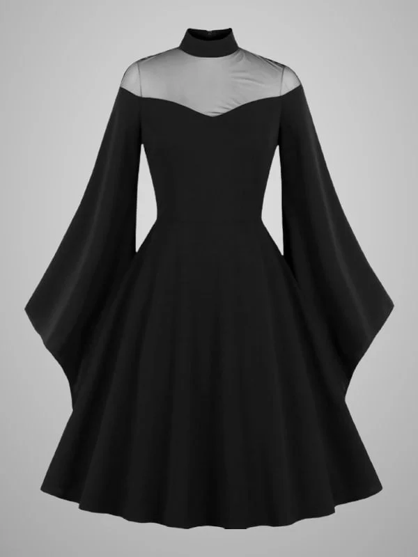 Gothic Dark Vintage Cutout Bell Sleeve Paneled Solid Dress
