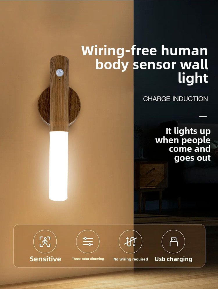 Tegooe Modern Wooden Motion Sensor Wall Sconce LED Night Light - USB Rechargeable Wireless Smart Induction Lamp for Bedside