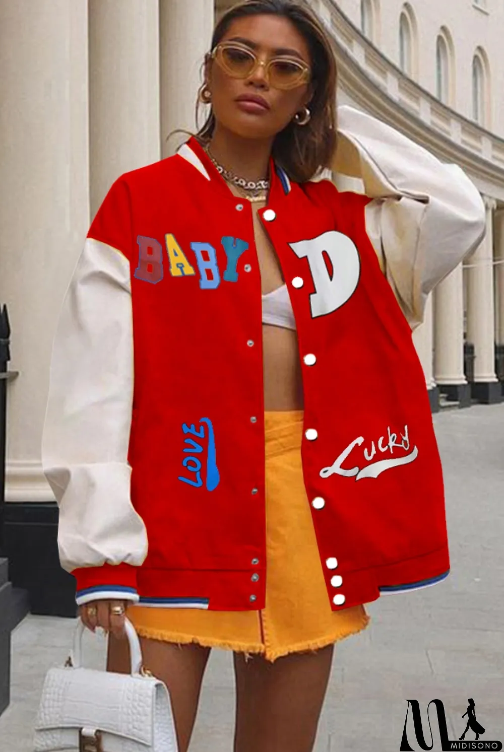 MidiSono - Autumn Contrast Color Button Up Long Baseball Jacket