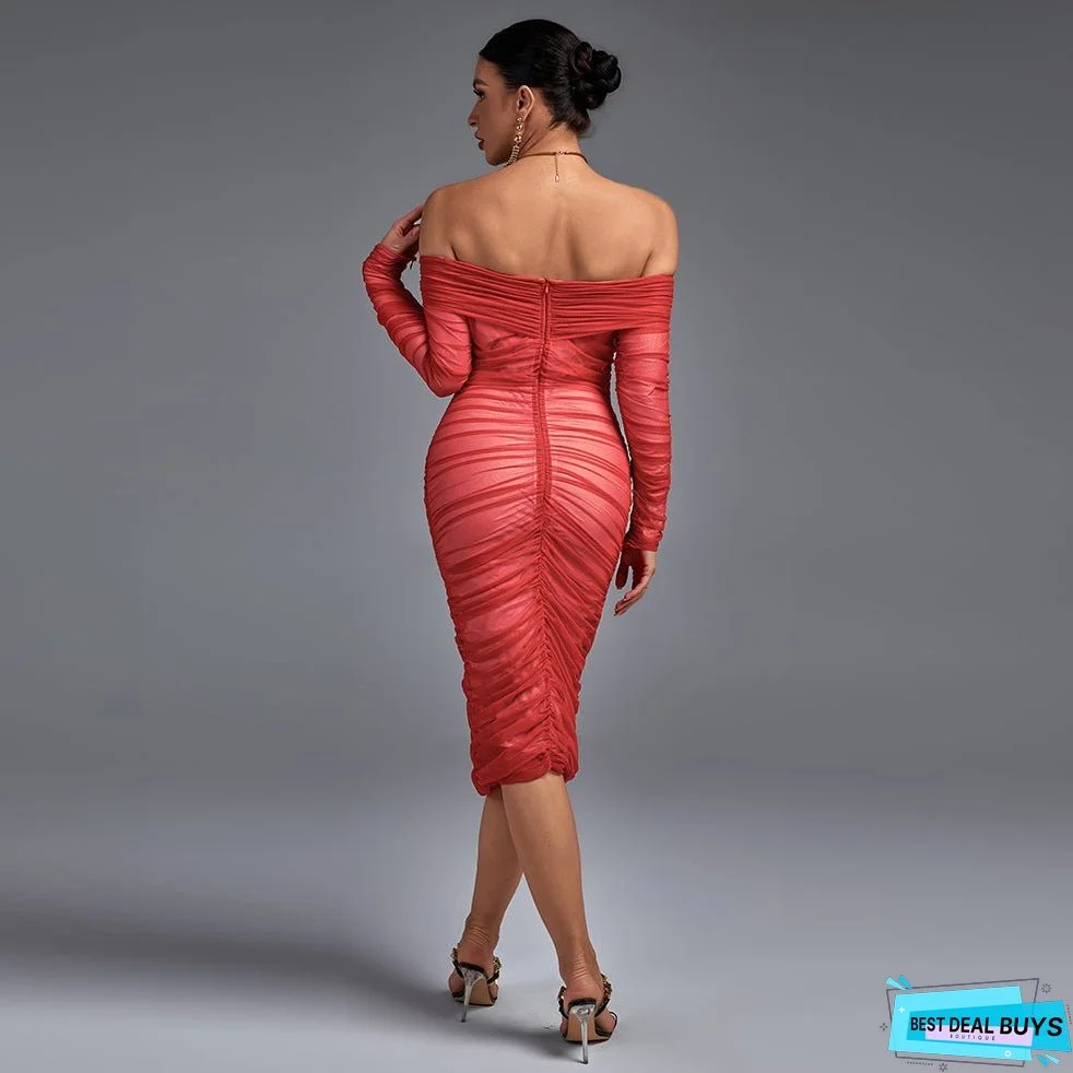 Off Shoulder Long Sleeve Ruched Mini Bodycon Dress