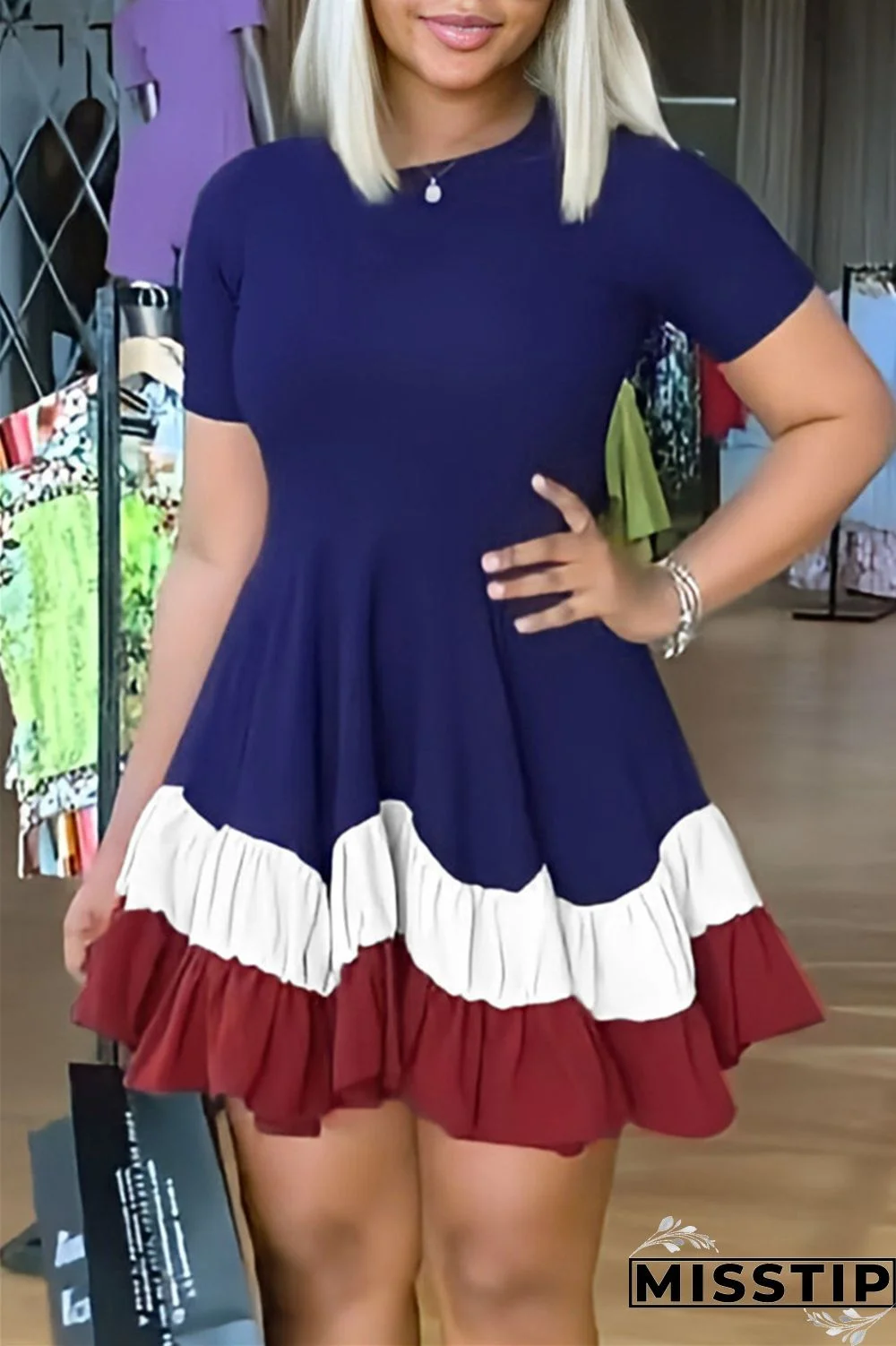 Blue Red Fashion Casual Solid Patchwork O Neck Short Sleeve Dress