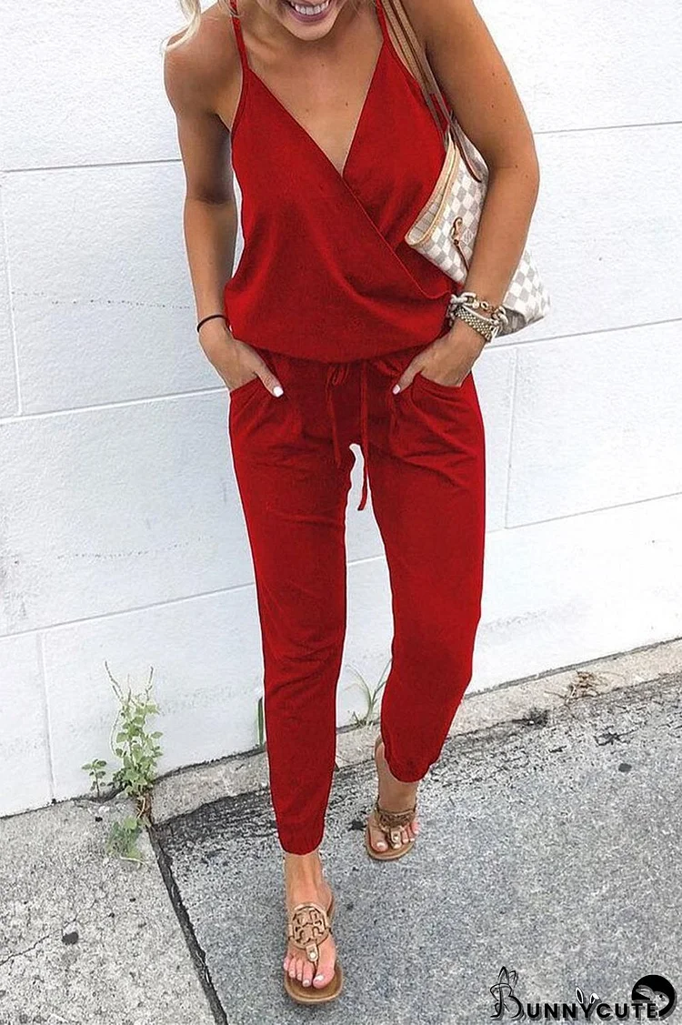 Spaghetti Straps V Neck Drawstring Jumpsuit