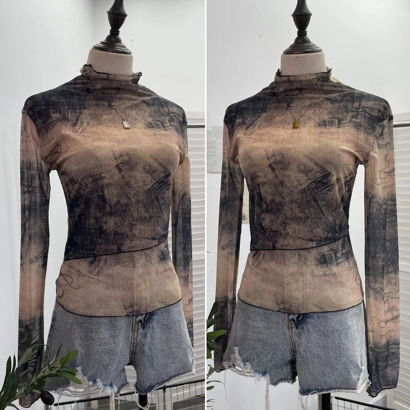 Nigikala Nigikala Shooting Denim Pattern Dye Printing Retro Babes Thin Mesh T-Shirt High-Necked Long Sleeve Bottom Shirt Top 9950