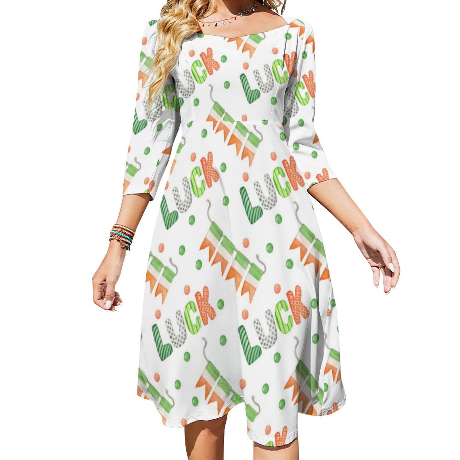 Lucky St Patricks Day Irish Flag Colored Dress Sweetheart Tie Back Flared 3/4 Sleeve Midi Dresses