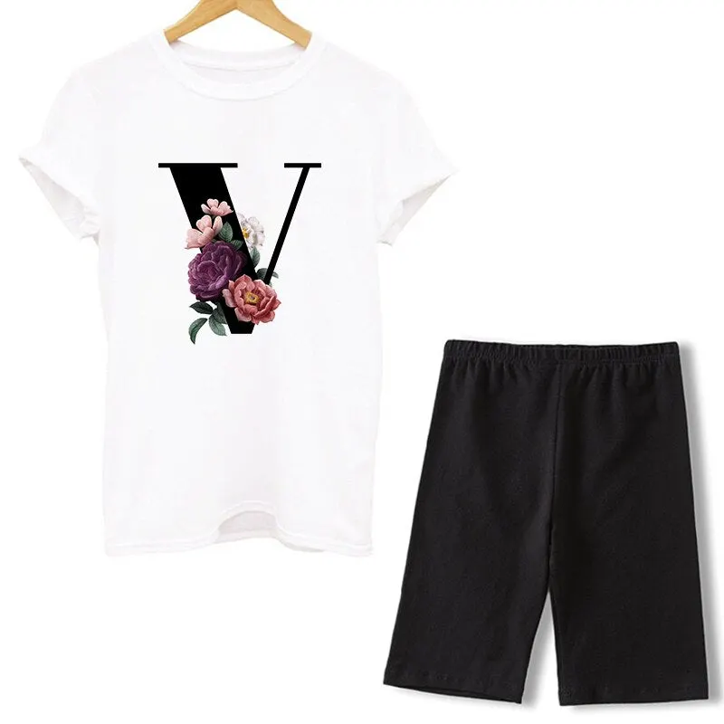 Women Two Piece Set Letter T Shirts And Shorts Sets Summer Short Sleeve O-neck Casual Biker Tracksuit Sexy Outfit For Woman 2