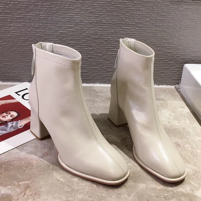  Luxury Brand Women Beige 7Cm Block High Heels Ankle Boots 2022 Winter Female Square Toe Chelsea Boots High Quality Short Boots