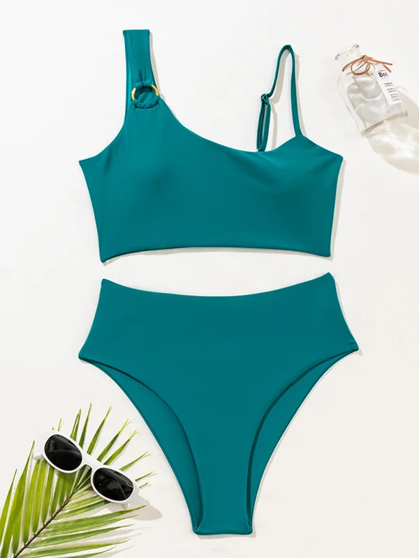 Asymmetry Solid Color High-Waisted Bikini Swimwear 