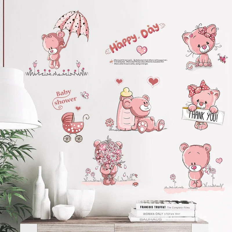 Cartoon Animal Happy Pink Bears Wall Stickers for Kids Room Home Decor Waterproof Living Room Bedroom Removable Art Decals Mural