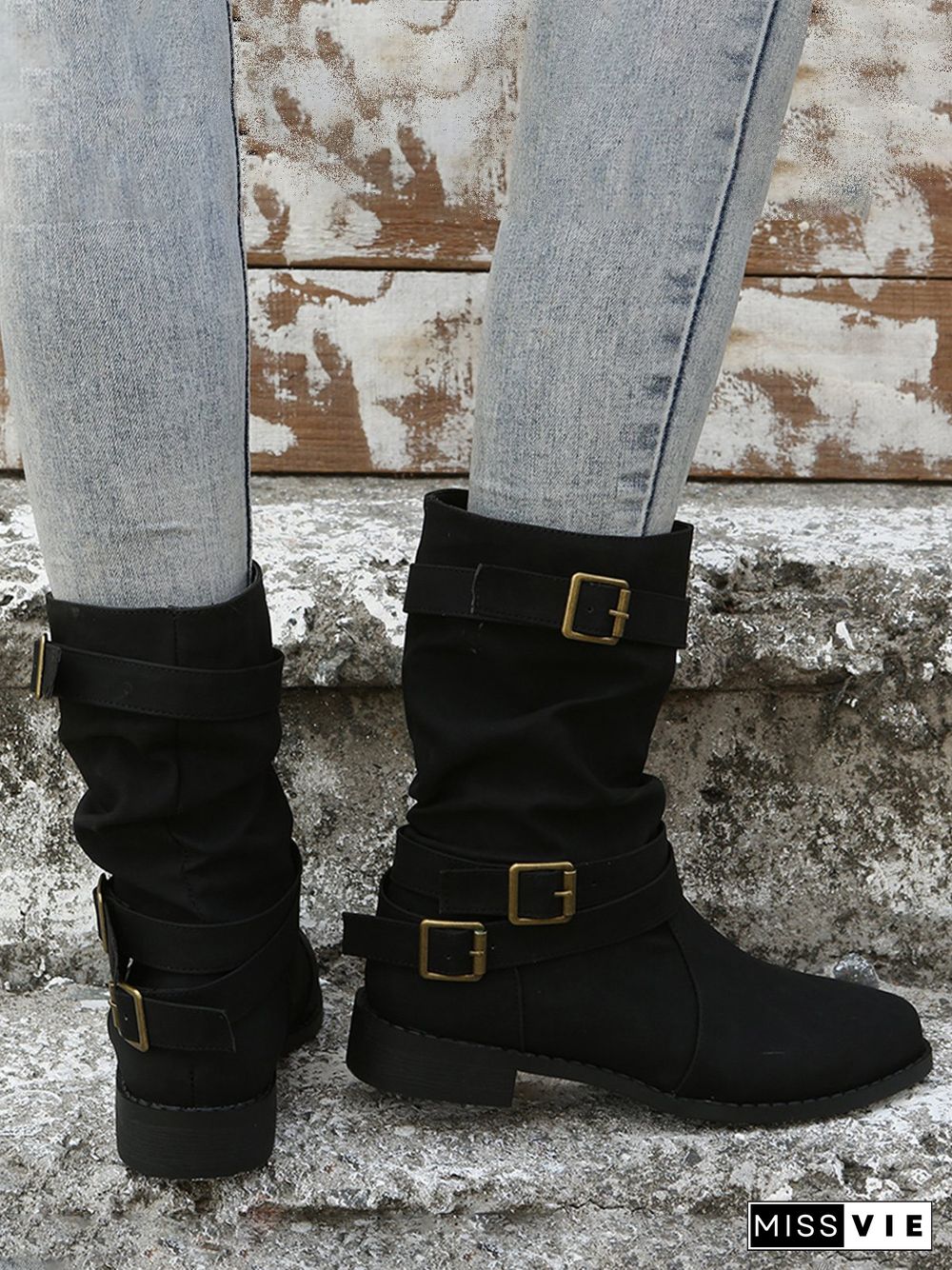 Ruched Buckle Casual Leather Booties