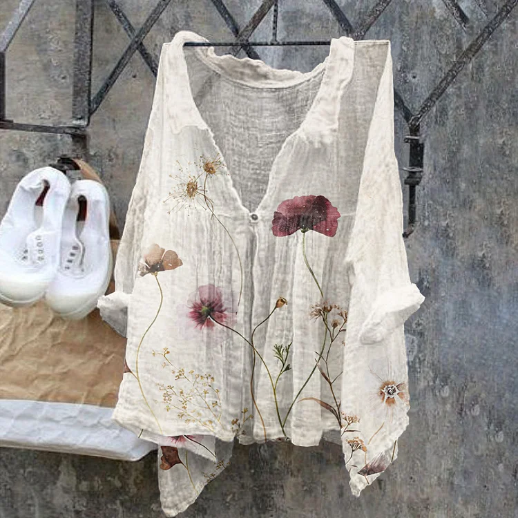 VChics Retro Floral Print Artistic Linen Blend Cozy Shirt