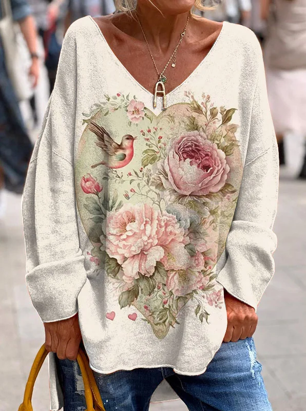 Vintage Chic Floral Hummingbird Love Long Sleeve Top