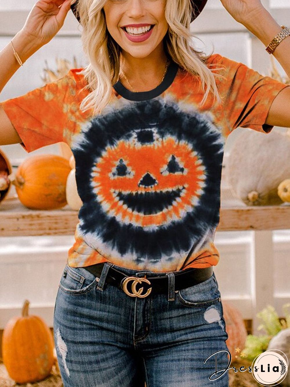 Women's Fashion Pumpkin Tie-Dye Printed Short Sleeve T-shirt