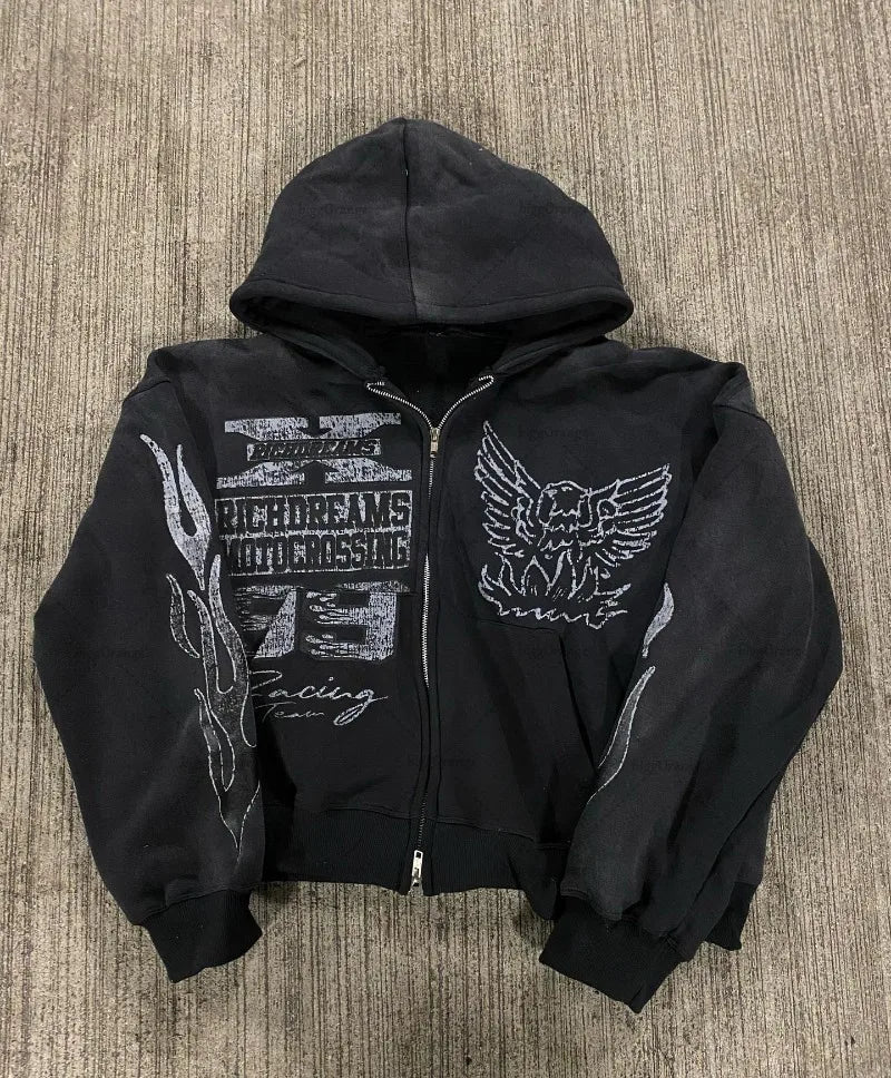 Llyge 2024 European and American Fashion Casual Oversized Hoodie Men Y2k Retro Anime Print Jacket Gothic Harajuku Zipper Sweatshirt llyge