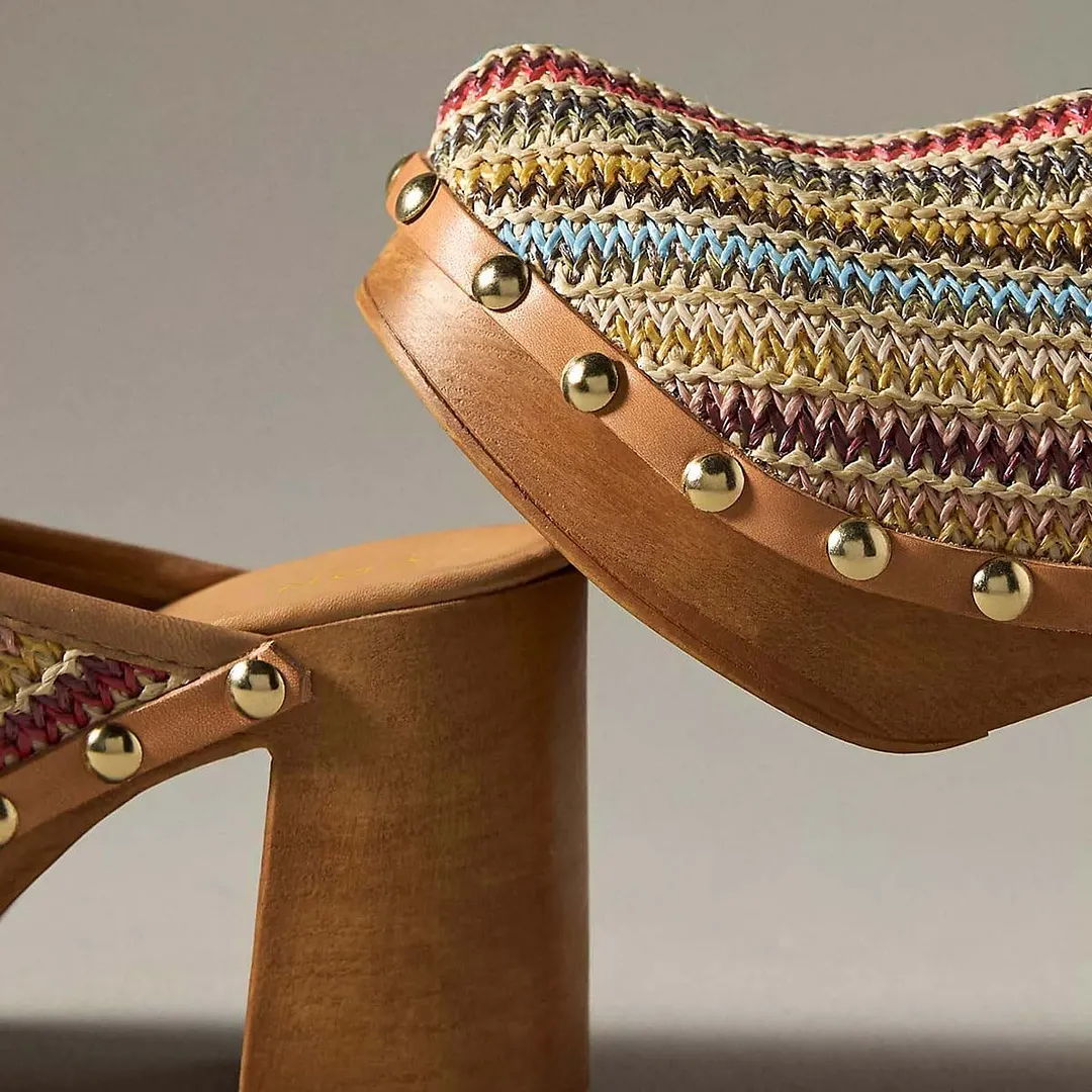 Multicolor Woven Round Toe Studded Chunky Heel Mules for Women