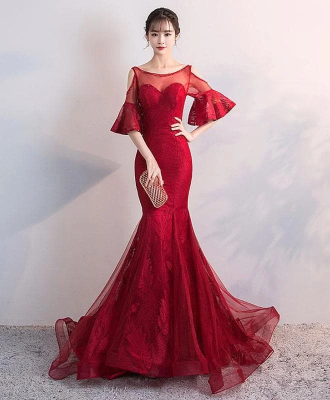 Burgundy Round Neck Tulle Lace Mermaid Long Prom Dress AS03